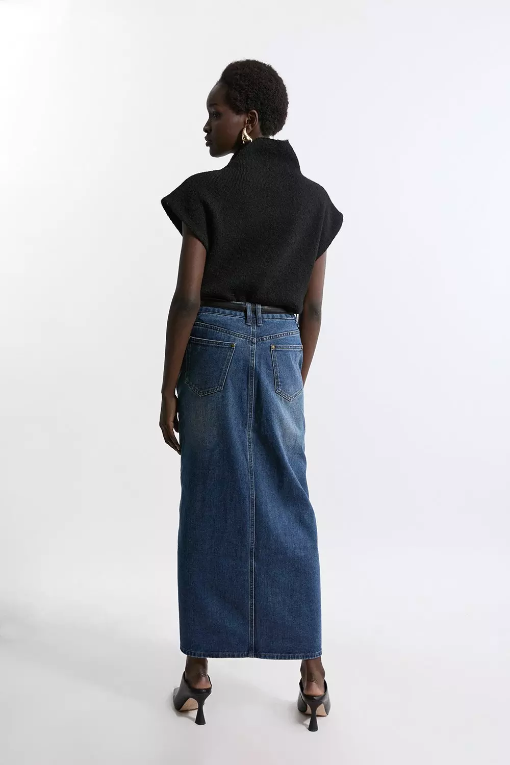 Petite Washed Denim Tailored Maxi Skirt Karen Millen